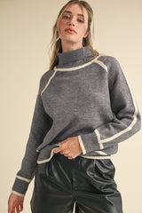 Contrast Trim Turtleneck Sweater Heather Grey