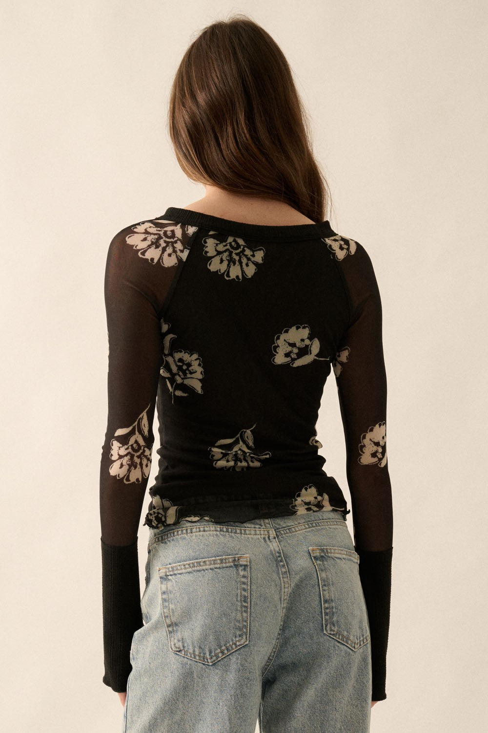 Floral Mesh Raglan Sleeve Henley Top Black