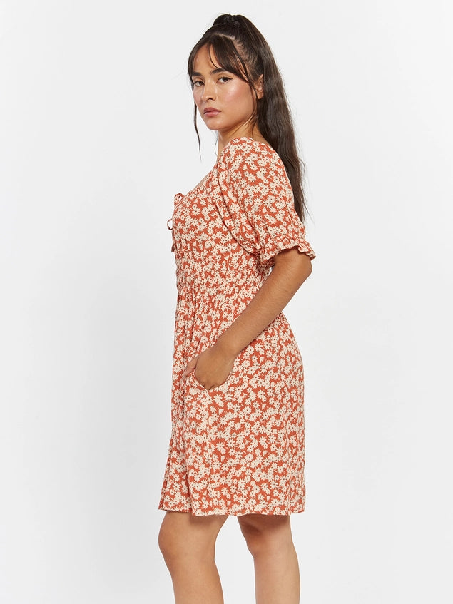 Caroline Floral Puff Sleeve Dress Orange Daisy