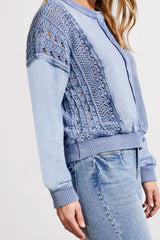 Mix Media Crochet Washed Raglan Pullover Light Blue Jay