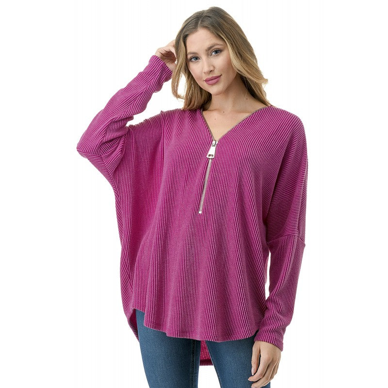 Dolman Zipper Top Hot Pink Mini Rib
