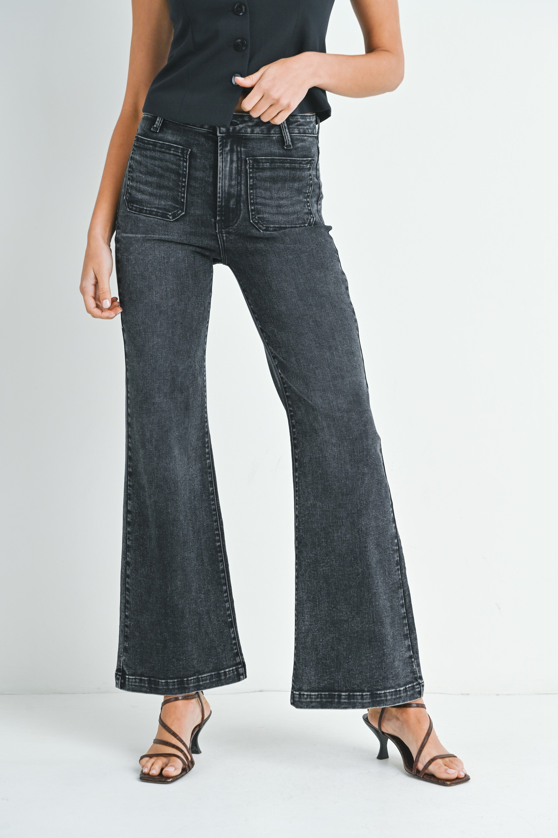 Mini Patch Pocket Wide Hem Flare Jeans Washed Black