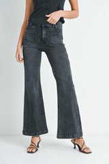 Mini Patch Pocket Wide Hem Flare Jeans Washed Black