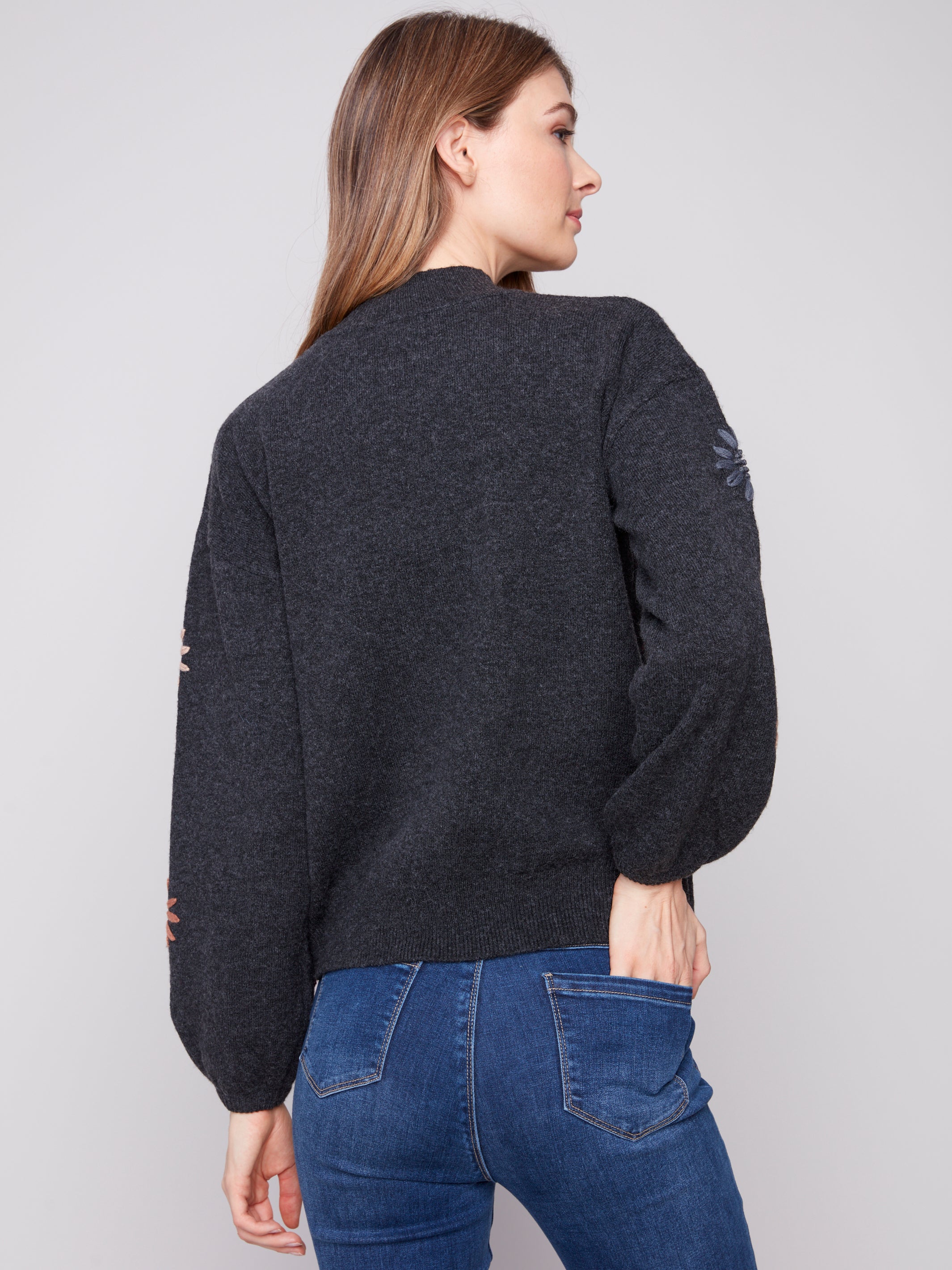Embroidered Daisies Mock Neck Sweater Heather Charcoal