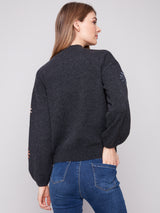 Embroidered Daisies Mock Neck Sweater Heather Charcoal