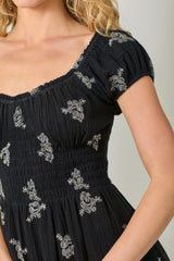 Tie Back Embroidered Double Gauze Bubble Sleeve Dress Black