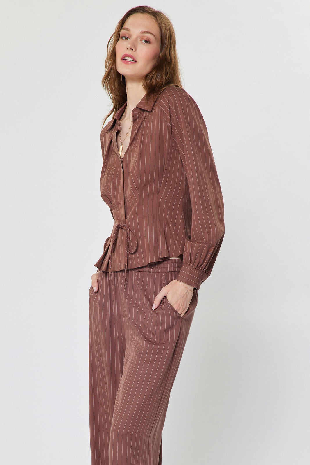 Striped Tie Front Long Sleeve Collared Shirt Mocha