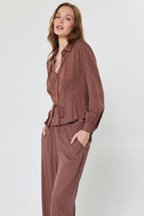 Striped Tie Front Long Sleeve Collared Shirt Mocha