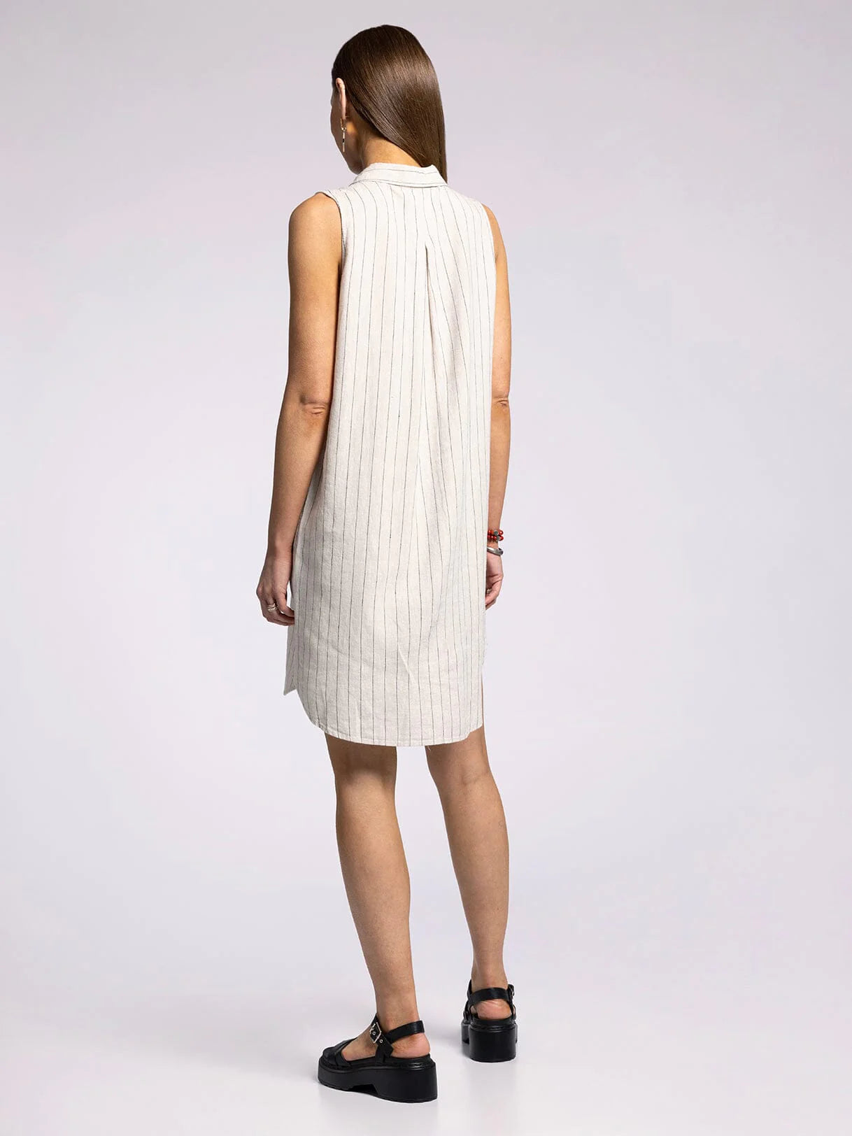 Reef Point Sleeveless Collared Dress Linen Black Stripe