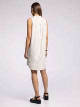 Reef Point Sleeveless Collared Dress Linen Black Stripe