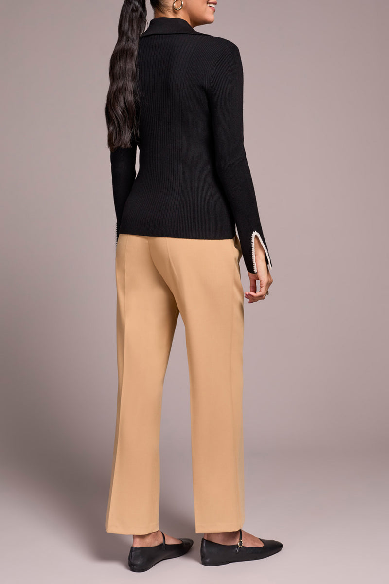 Stitched Neckline Polo Sweater Top Black