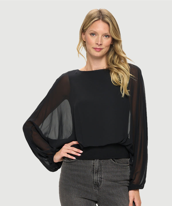 Chiffon Batwing Back Tie Banded Waist Top Black