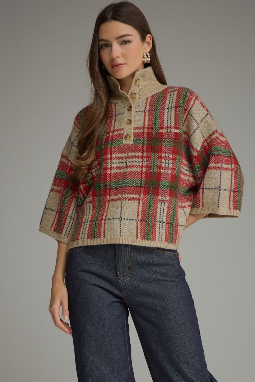 Plaid 3/4 Sleeve Stand Collar Sweater Taupe
