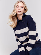 Side Zipper Stripe Turtleneck Sweater Navy