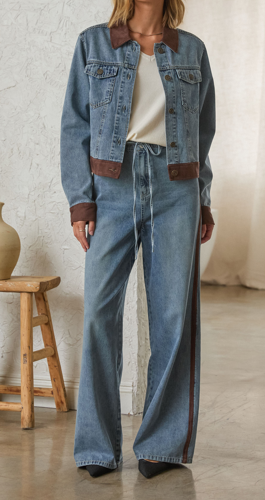 Drawstring Pull On Track Stripe Denim Pants Denim