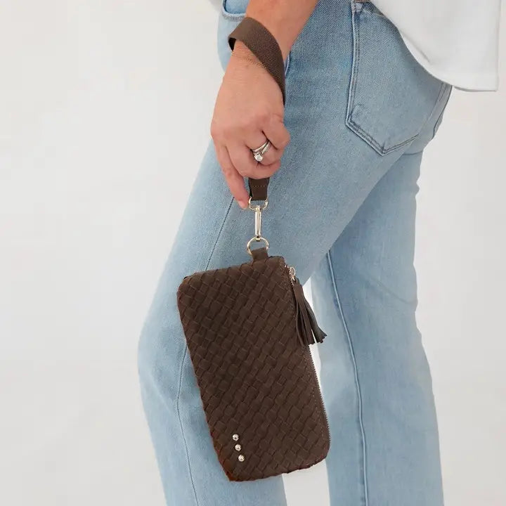 Suede Emma Woven Clutch Wristlet Chocolate