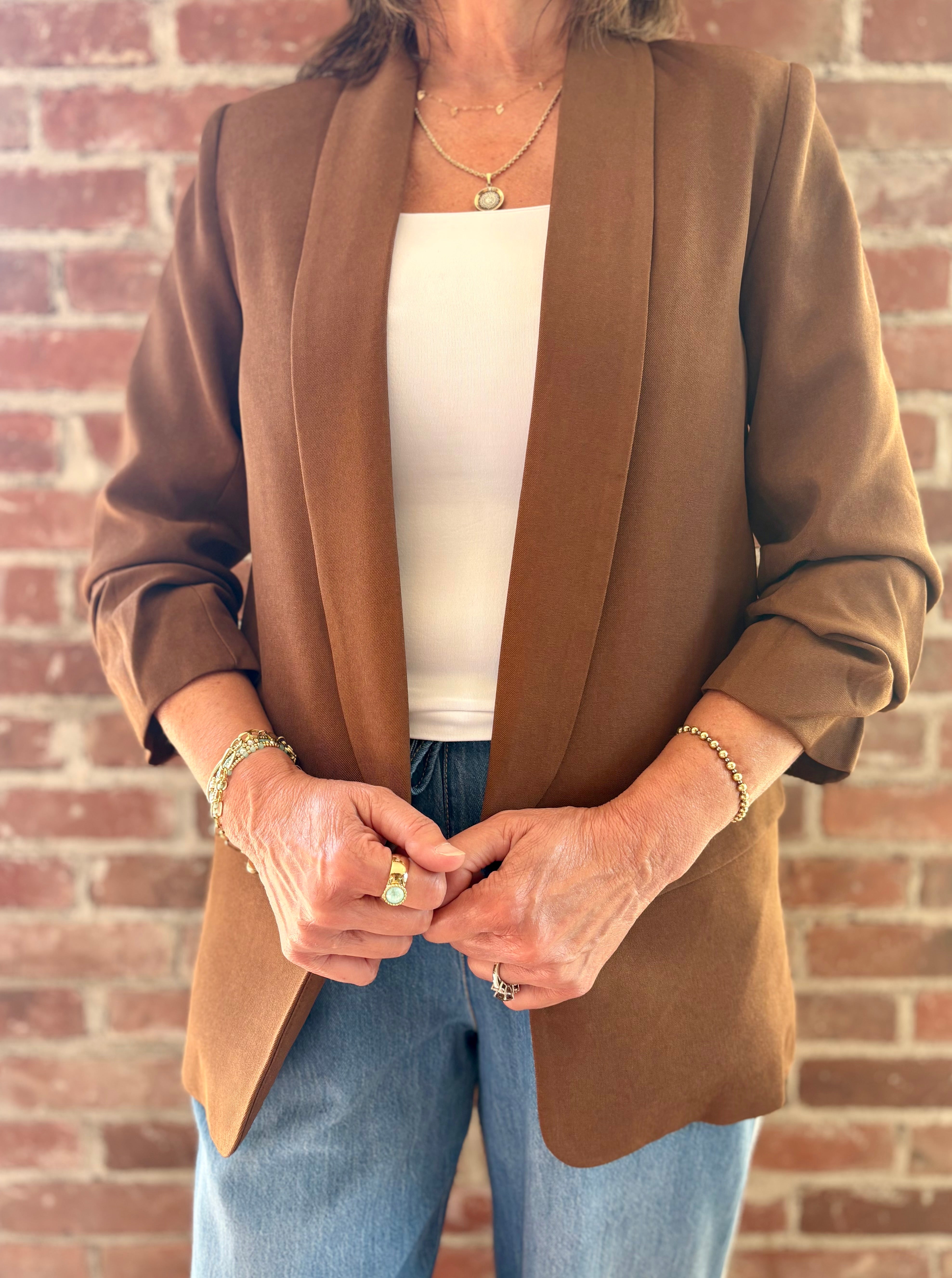 Solid Oversized Rouched Sleeve Blazer Brown