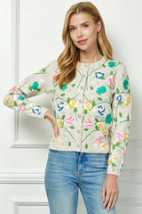 Embroidery Detail Buttoned Sweater Cardi Oatmeal