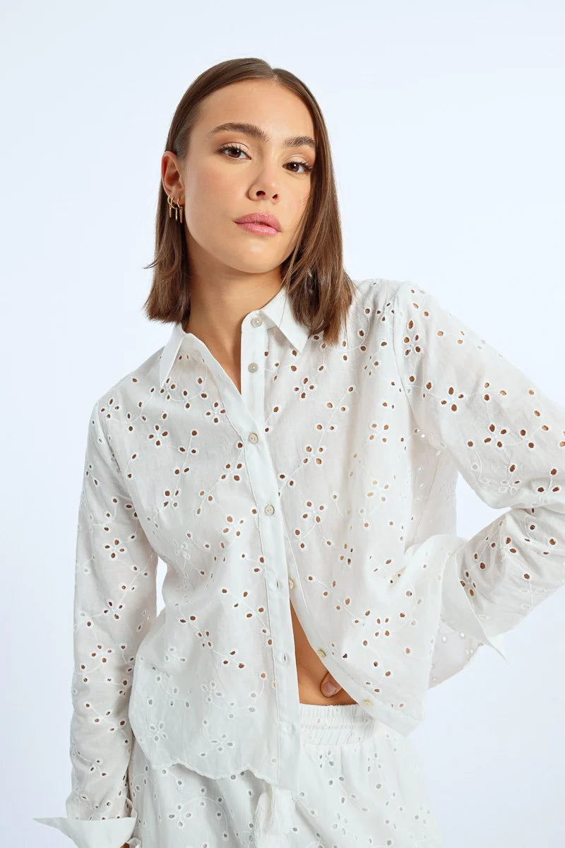 Scallop Hem Peplum Back Eyelet Button Down Shirt White