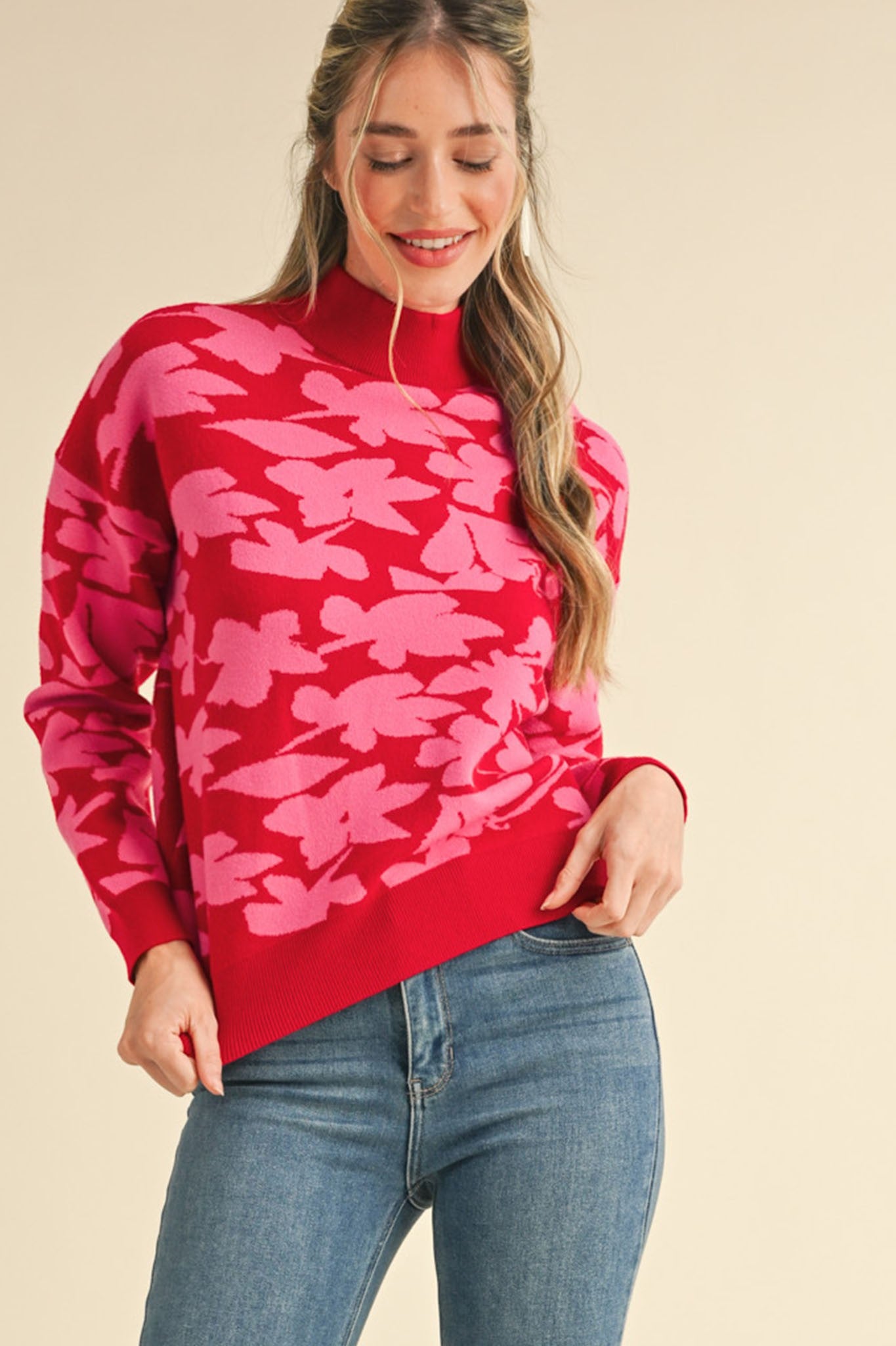 Mock Neck Floral Knit Sweater Red Pink