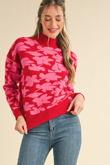 Mock Neck Floral Knit Sweater Red Pink
