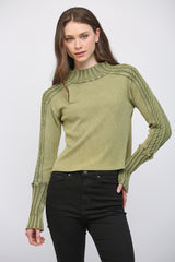 Mock Neck Cable Knit Sleeve Sweater Moss Green