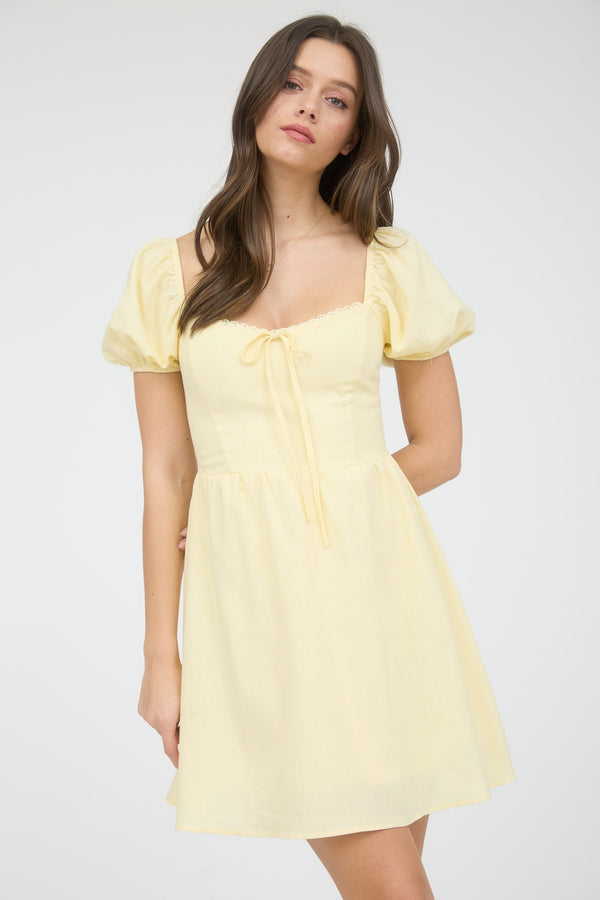 Puff Sleeve Lace Trim Front Tie Mini Dress Light Yellow