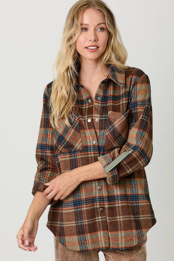 Rolled Tab Sleeve Plaid Shacket Chocolate