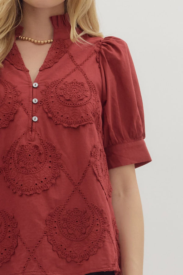 Embroidered Applique Accent Button Neck Top Burgundy