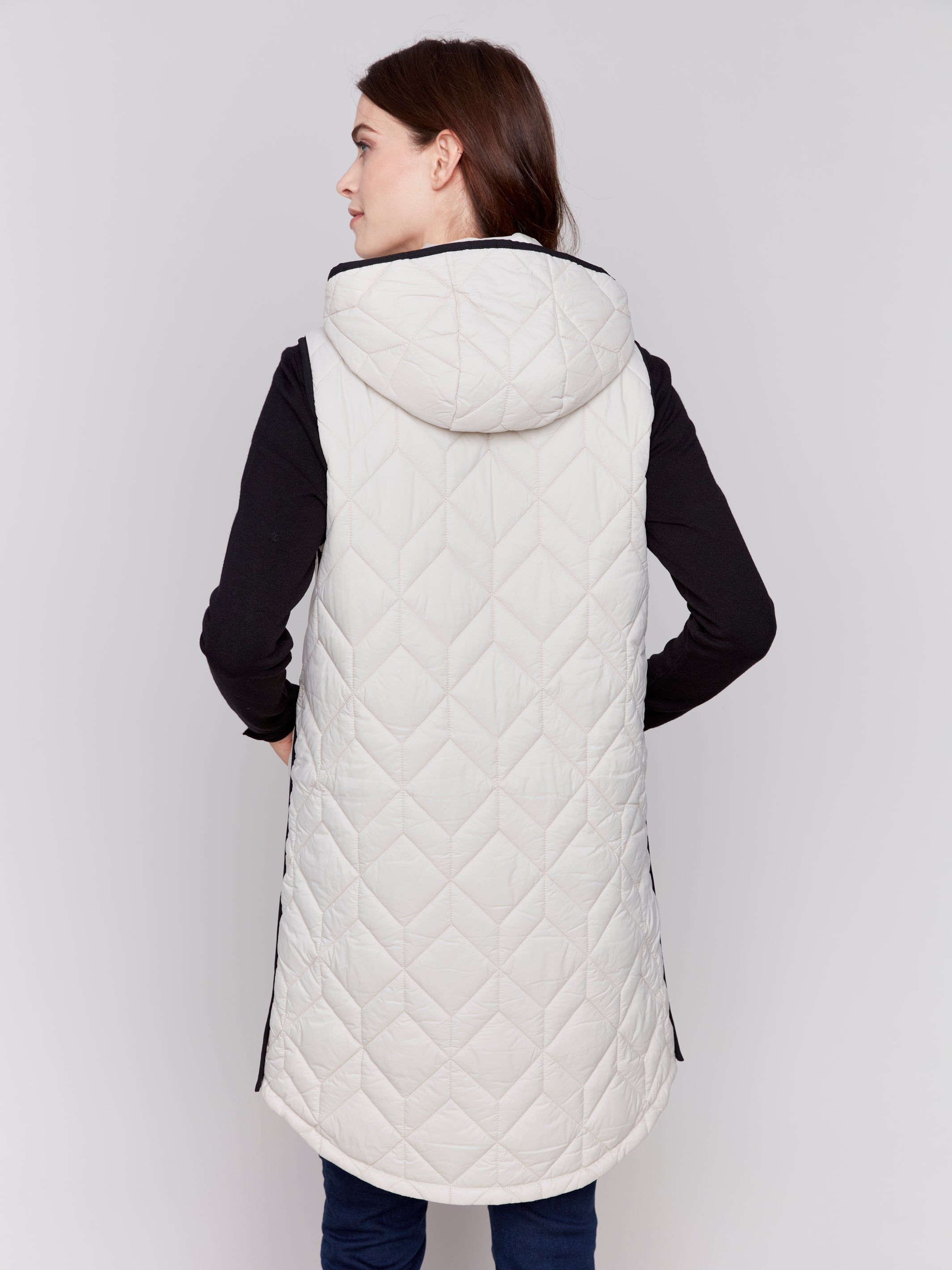 Hooded Long Quilted Puffer Vest Almond
