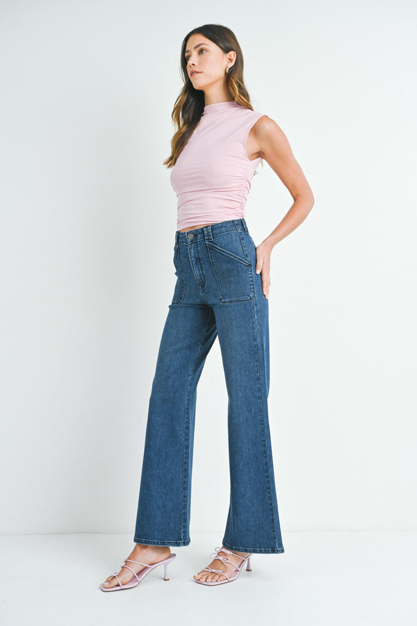 Patch Pocket Wide Leg Flare Jeans Dark Denim