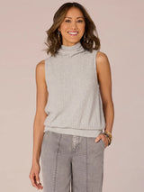 Banded Hem Textured Stripe Turtleneck Tank Heather Grey