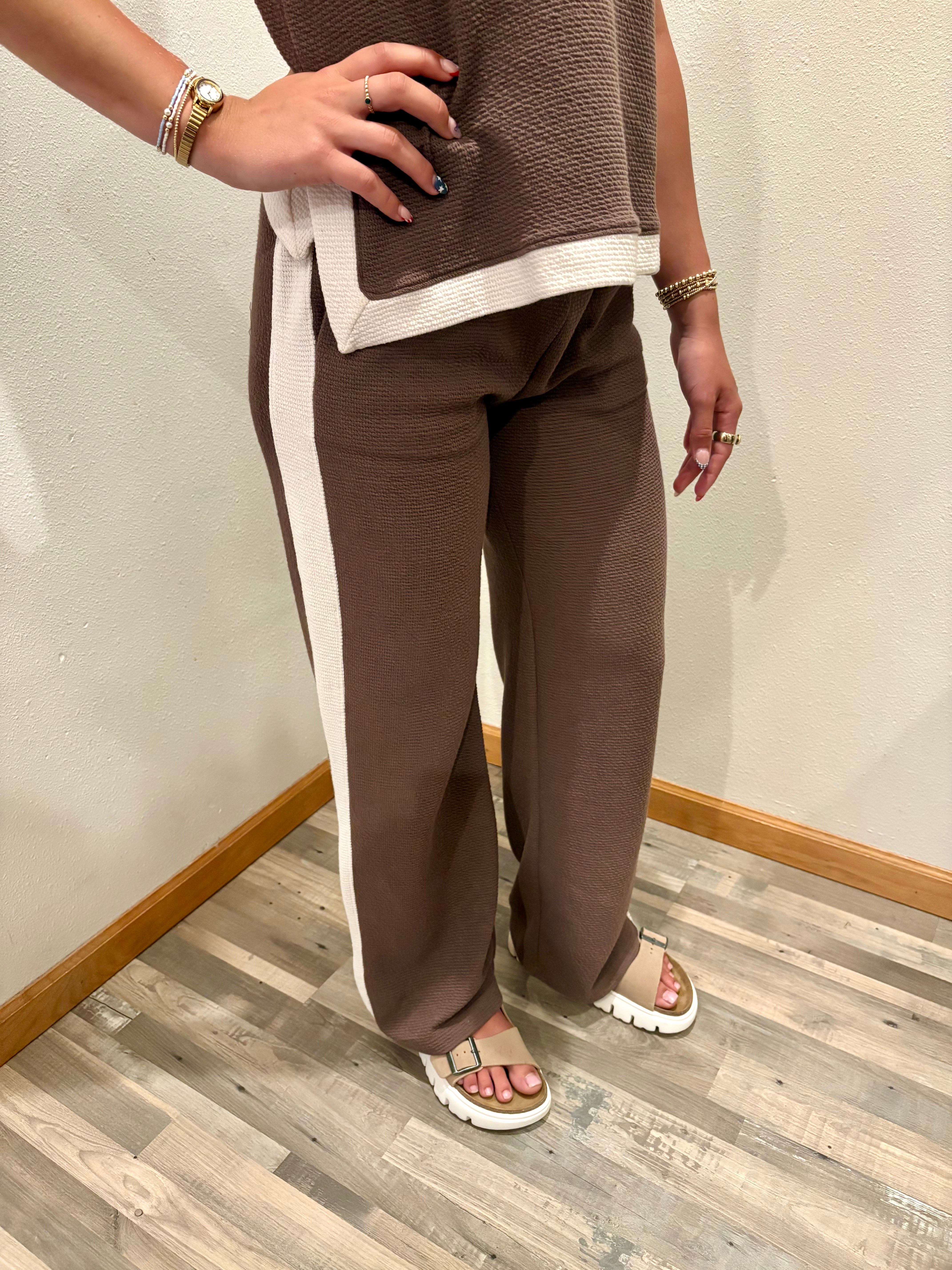 Contrast Edging Cloud Knit Stretch Waist Pants Brown + Cream