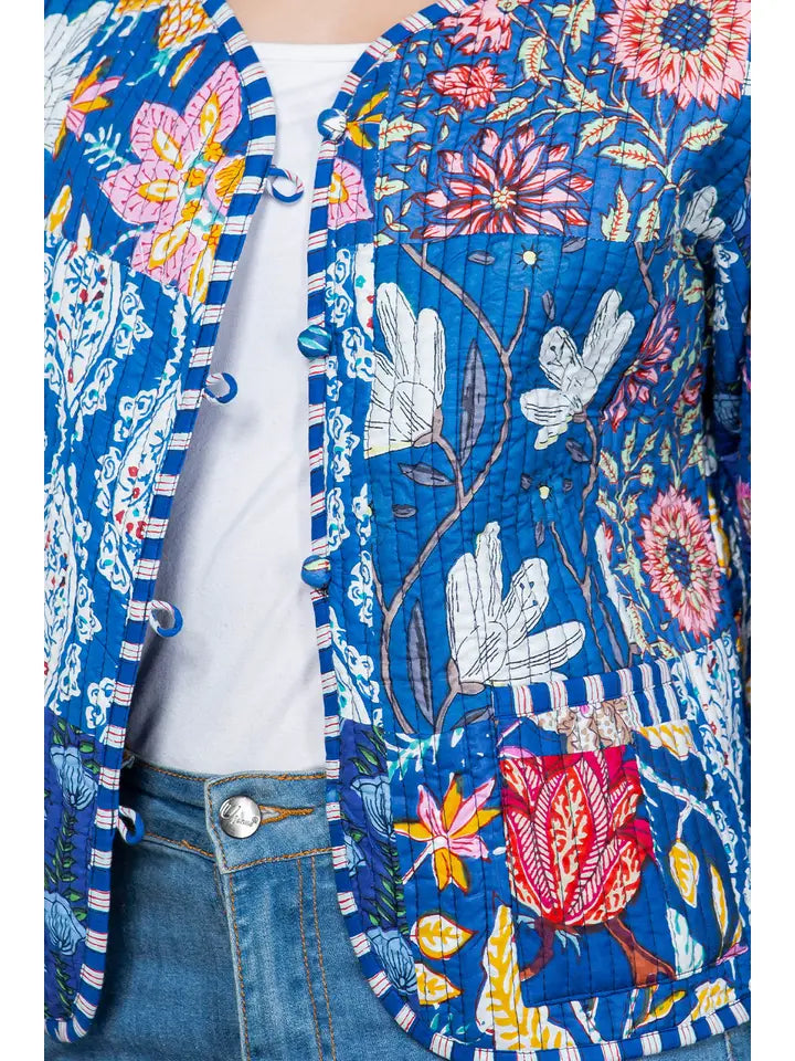 Celeste Floral Quilted Patchwork Reversible Jacket Blue Combo