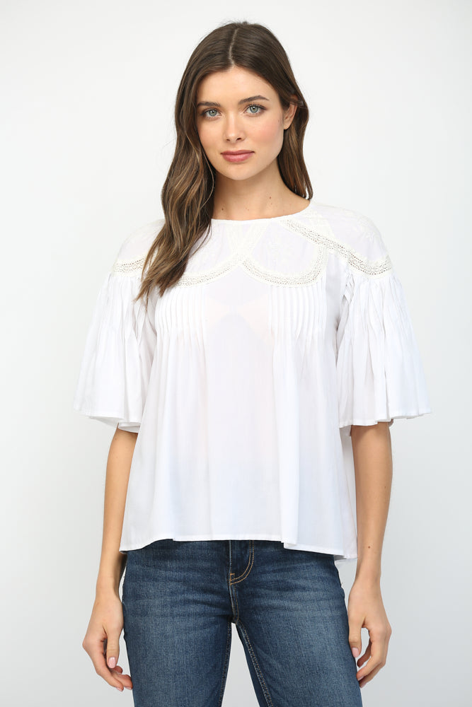 Lace Trim Pleat Detail Flowy Blouse Off White