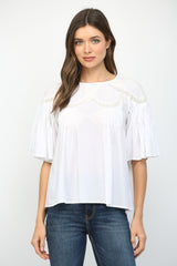 Lace Trim Pleat Detail Flowy Blouse Off White