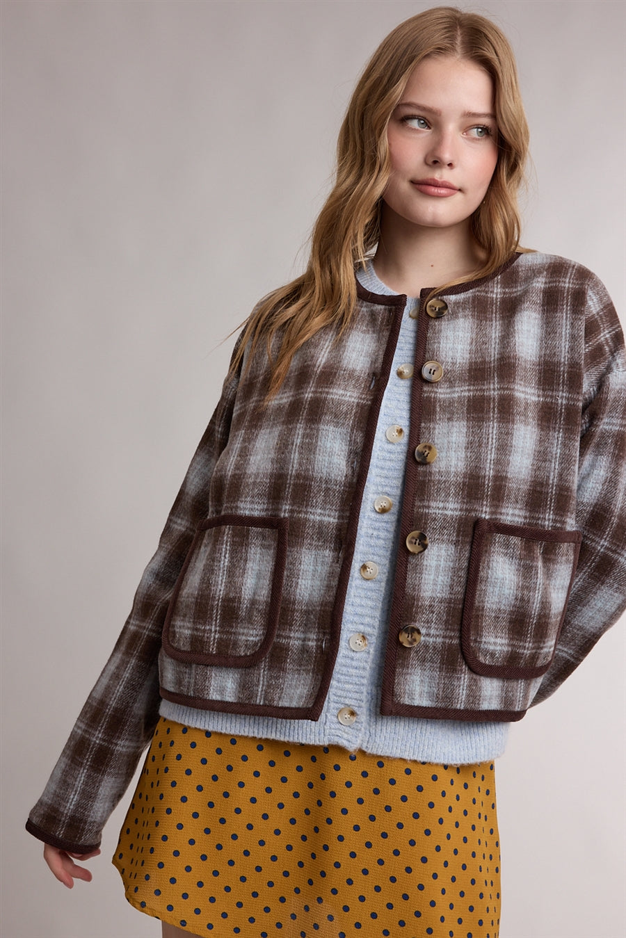 Contrast Trim Plaid Jacket Light Blue Combo