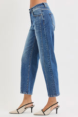 High Rise Straight Crop Seam Detail Jeans Dark