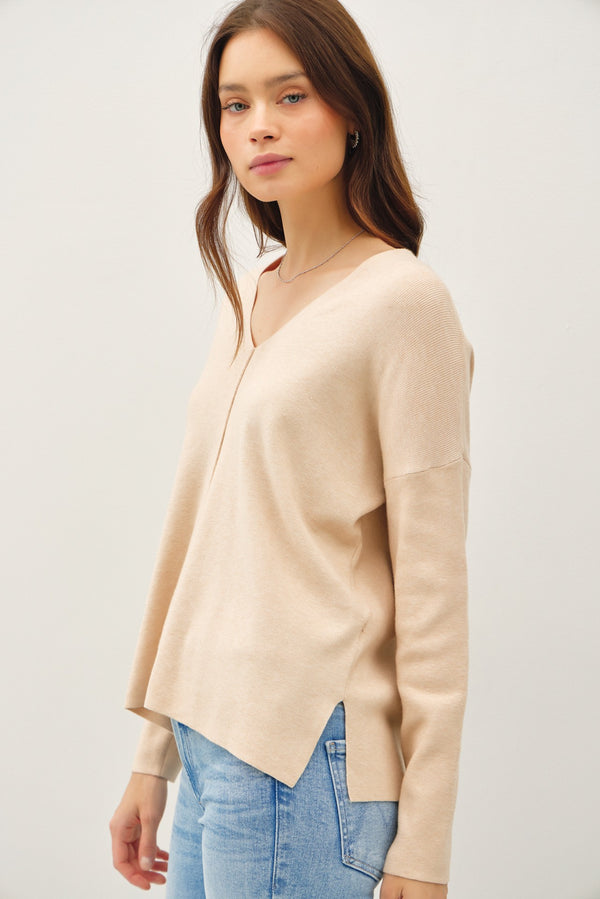 Center Seam Vneck Sweater Top Oatmeal