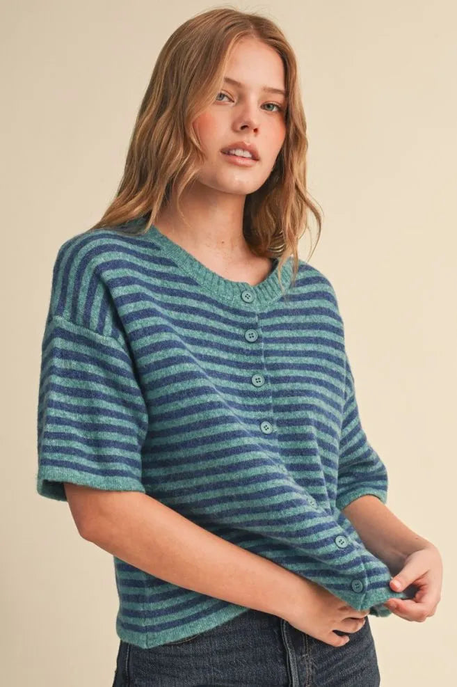 Short Sleeve Stripe Sweater Cardigan Turquoise Blue