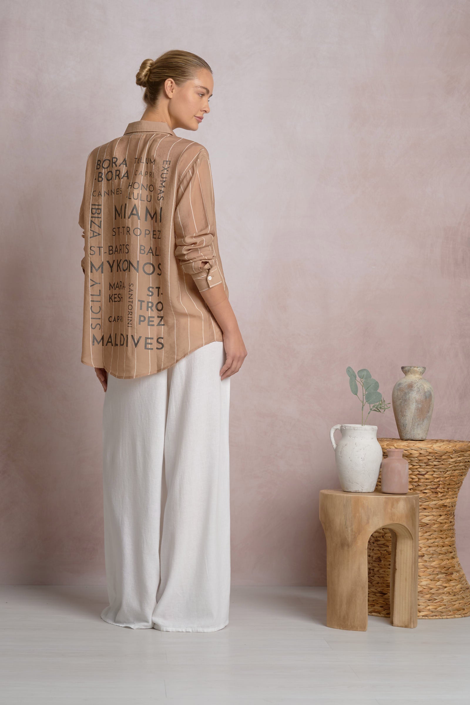 Destination Graphic Striped Button Down Shirt Tan