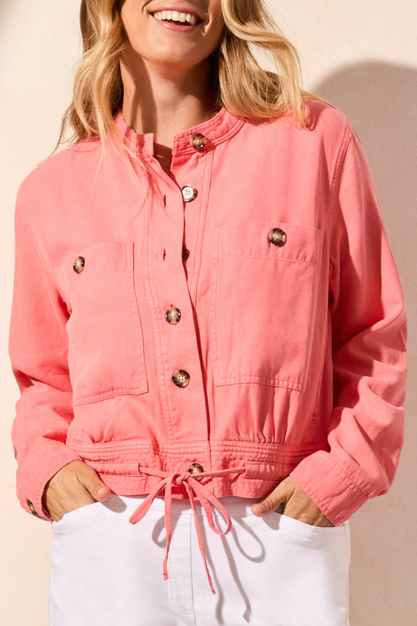 Button Front Drawcord Hem Jacket Coral Sky