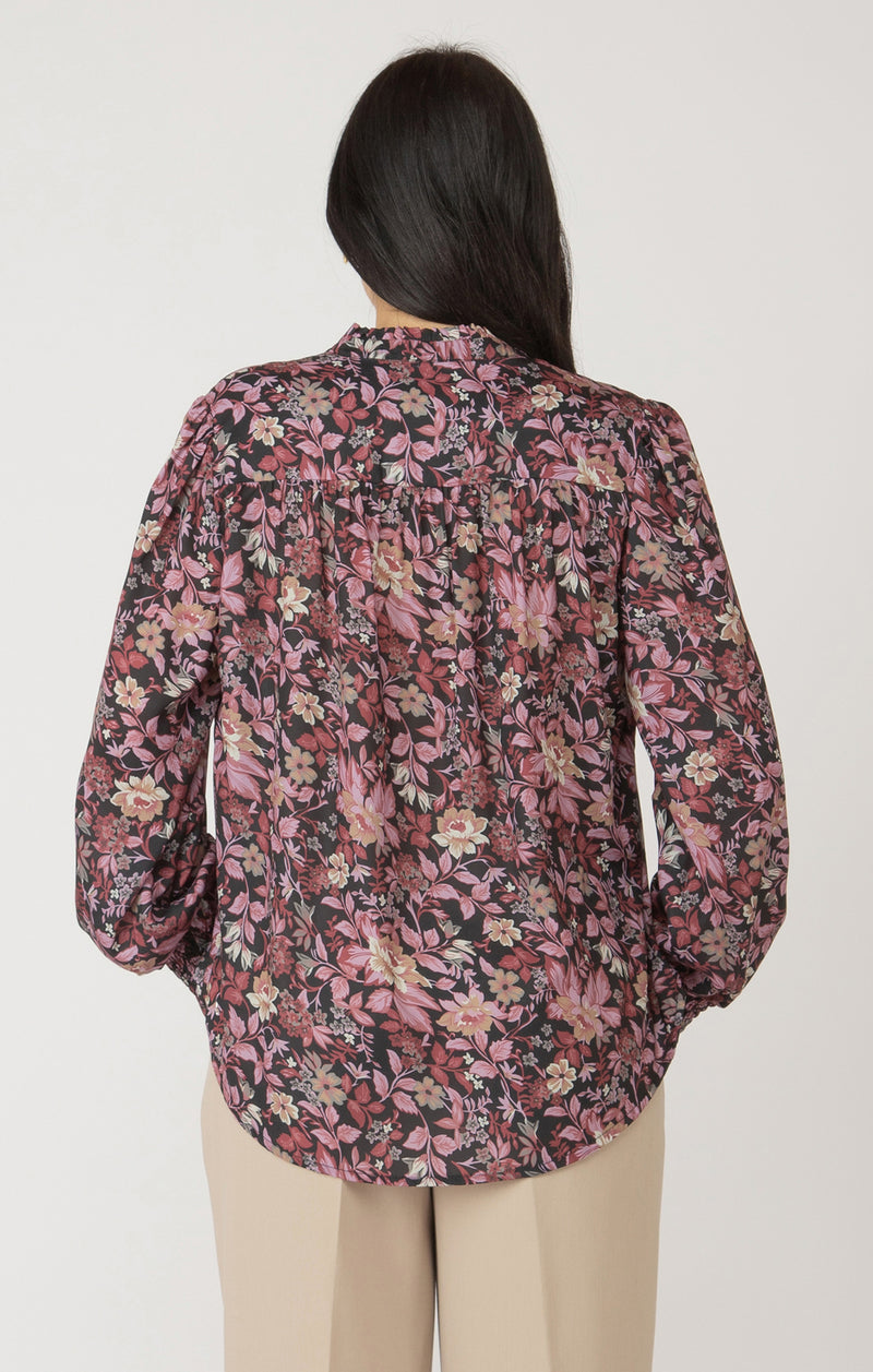Printed Ruffle Detail Tie Front Blouse Black, Pink + Gold