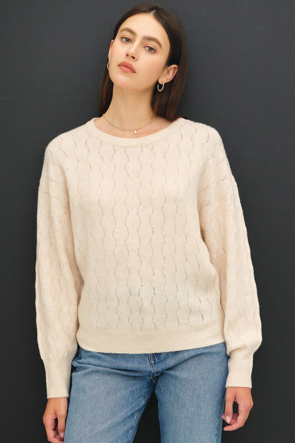 Cozy Crochet Knit Round Neck Sweater Cream