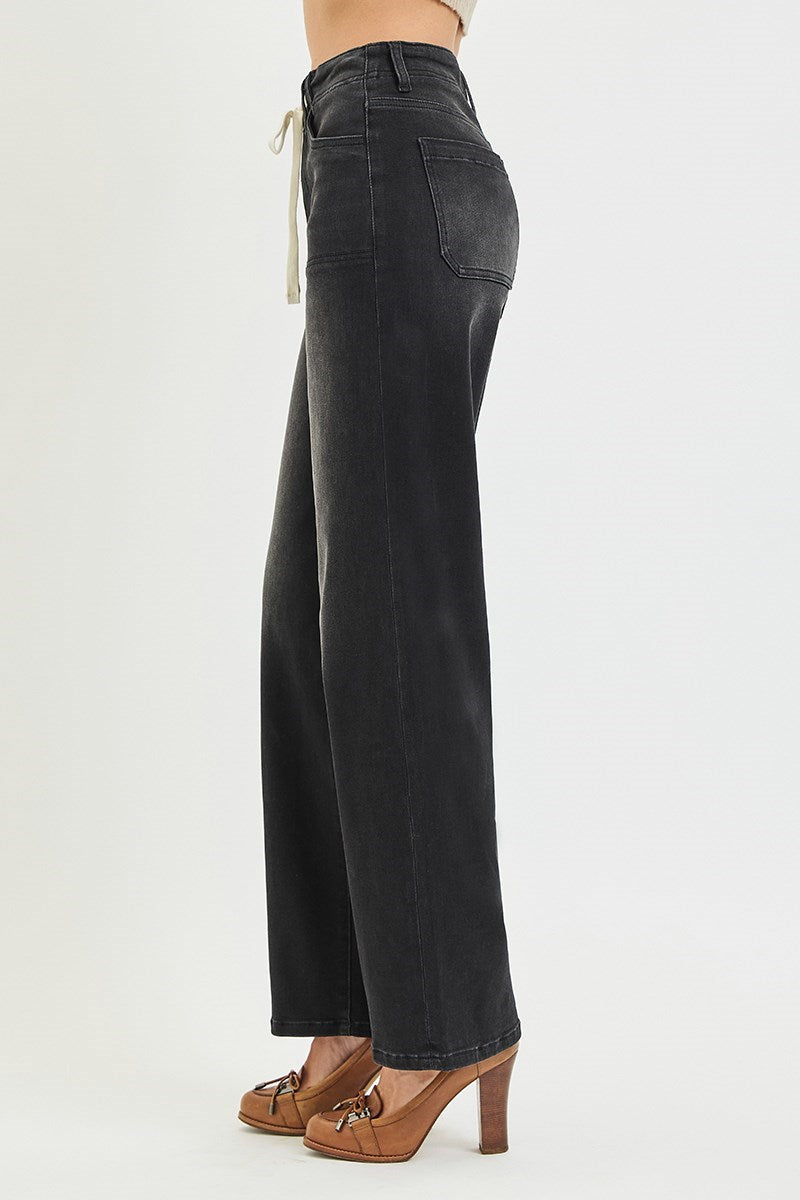Tied Waistband High Rise Wide Baggy Jeans Washed Black