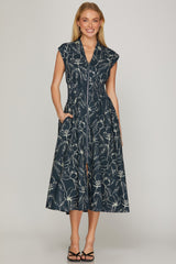 Drawn Botanicals Smocked Waist Zip Midi Dress Navy