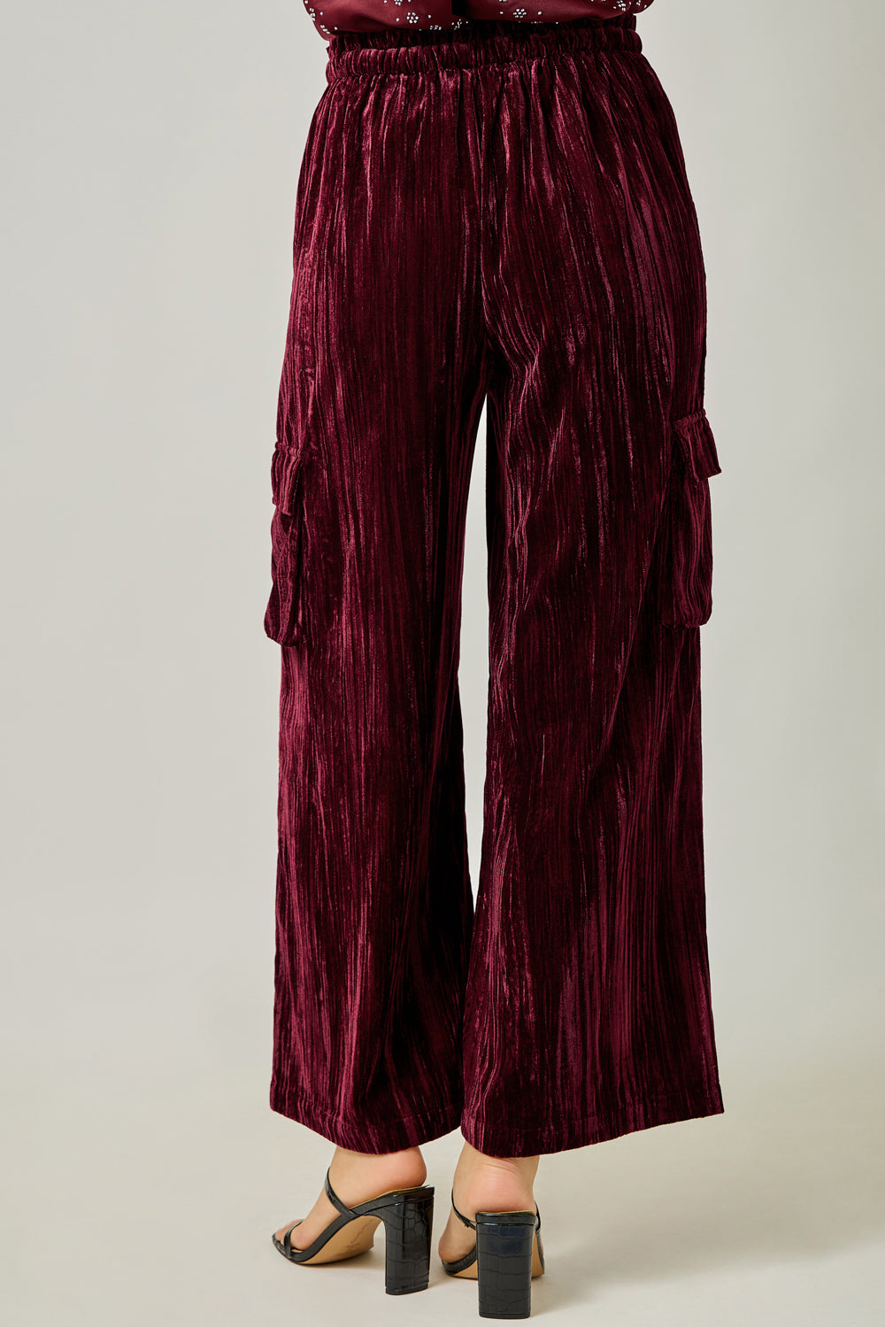 Velvet Wide Leg Cargo Pants Wine