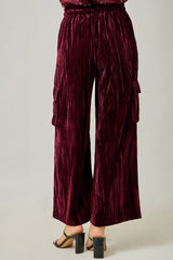 Velvet Wide Leg Cargo Pants Wine