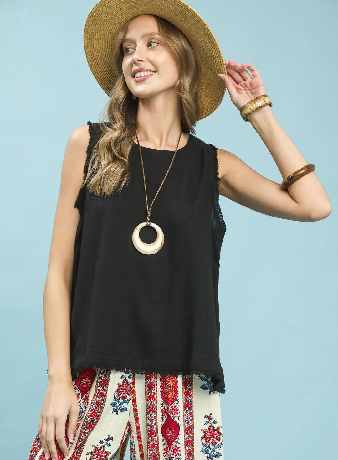 Button Down Back Layered Fringe Tank Black