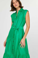 Button Down Tiered Midi Dress Green